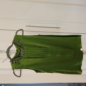 TORY BURCH Green Silk Blouse with Amber Jeweled Neckline